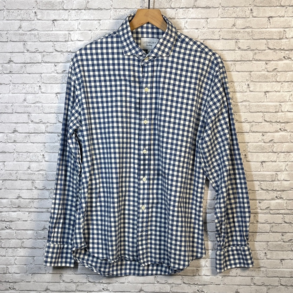 LEDBURY Fine Shirting Blue and White Cotton Flannel Men's Long Sleeve Shirt XXL
